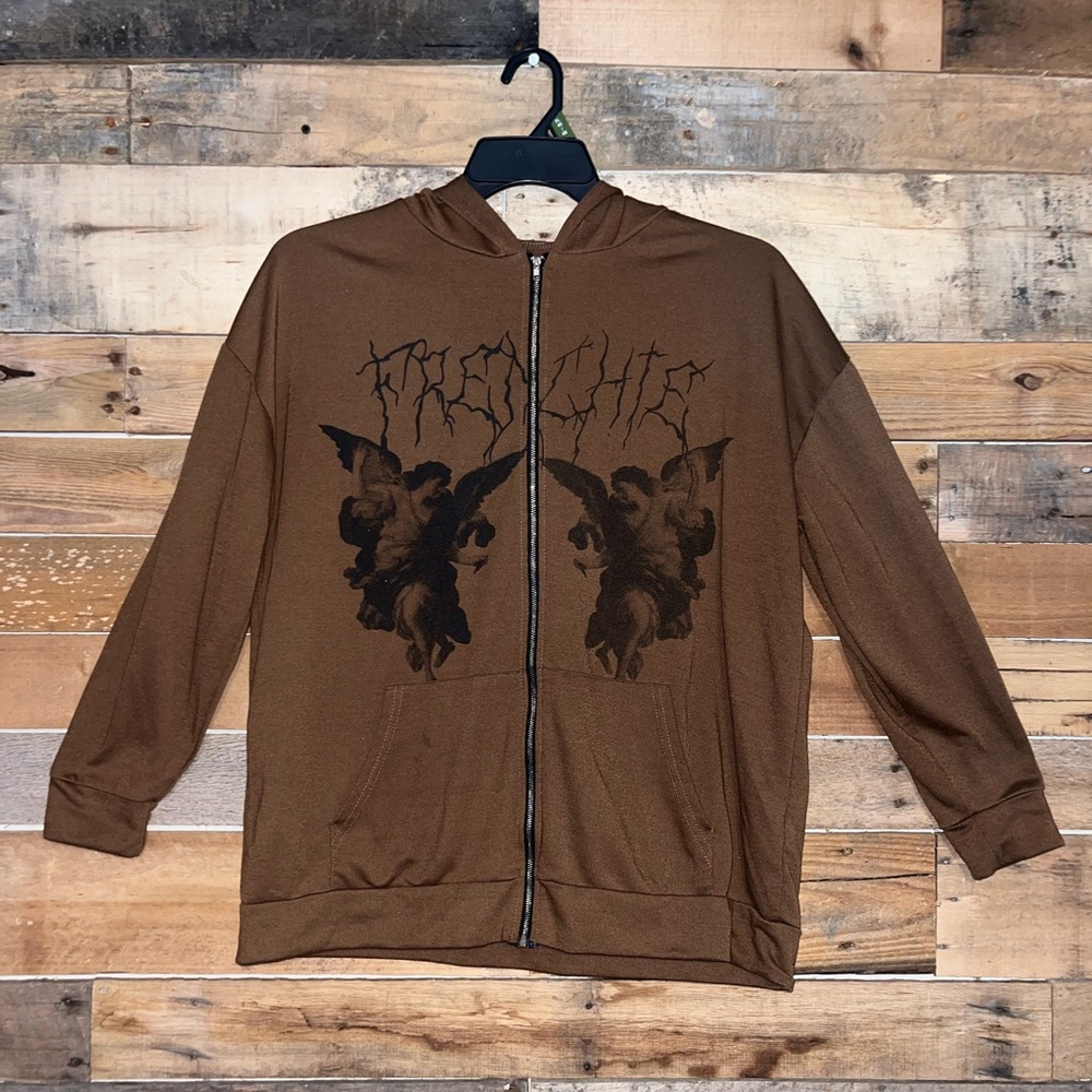 Brown Zip-Up Hoodie with Angel Print